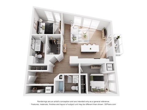 A 3D floor plan of a small apartment with a kitchen, living room, and bathroom.